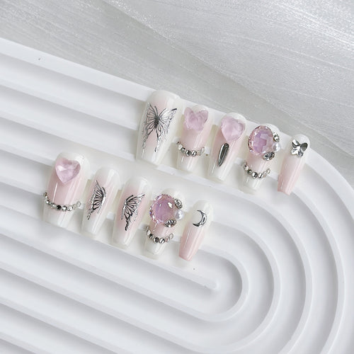 Künstlerisches mit Edelsteinen verziertes Press-On Nagelset