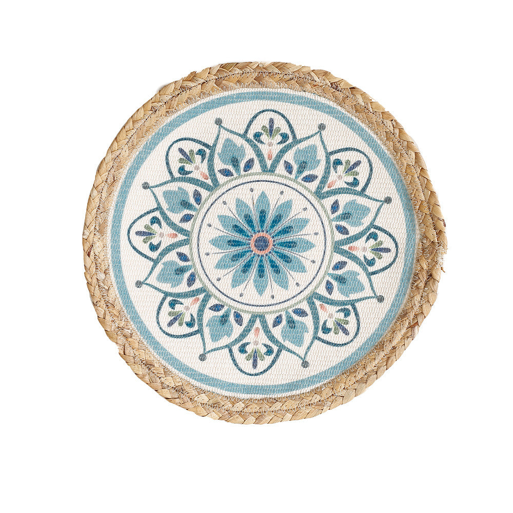Runder Sitzpouf mit Mandala-Print, gewebter Oberfläche und geflochtenem Jute-Rand