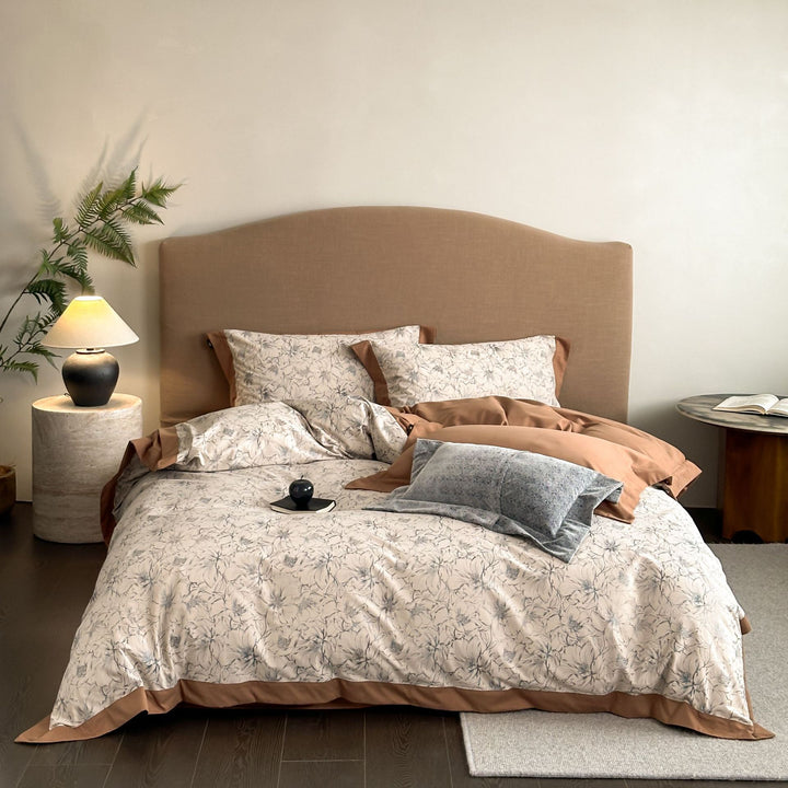 Elegantes Wendbares Bettbezug- und Kissenbezug-Set mit Jacquard-Blütenpanel und feiner Steppkante