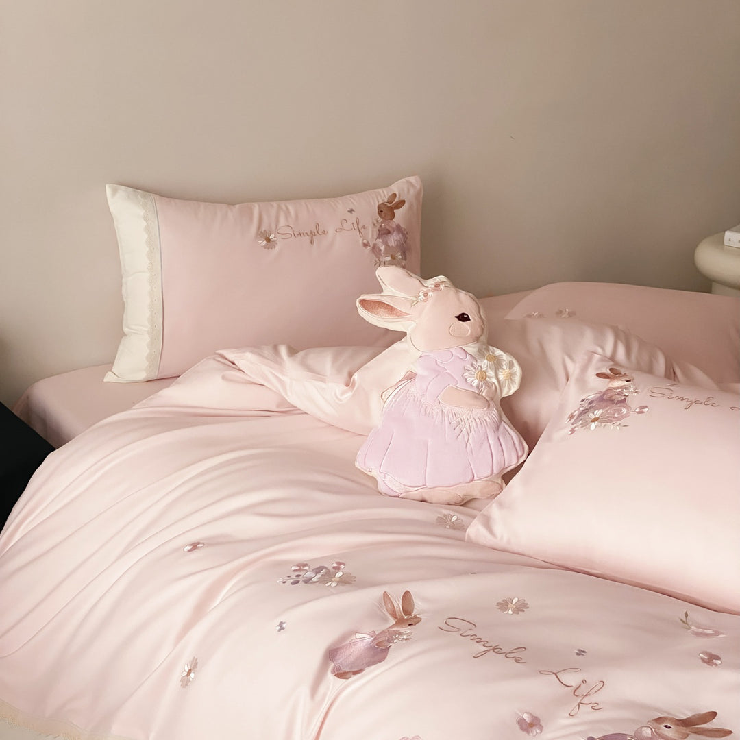 Besticktes Bunny Baumwollsatin Bettbezug Set mit Spitzenverzierung Kissenbezügen