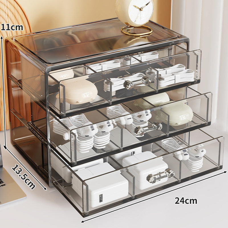 Drei-Schubladen Clear Acryl Desktop Kabel Ladegerät und Ohrhörer Organizer mit Trennwänden
