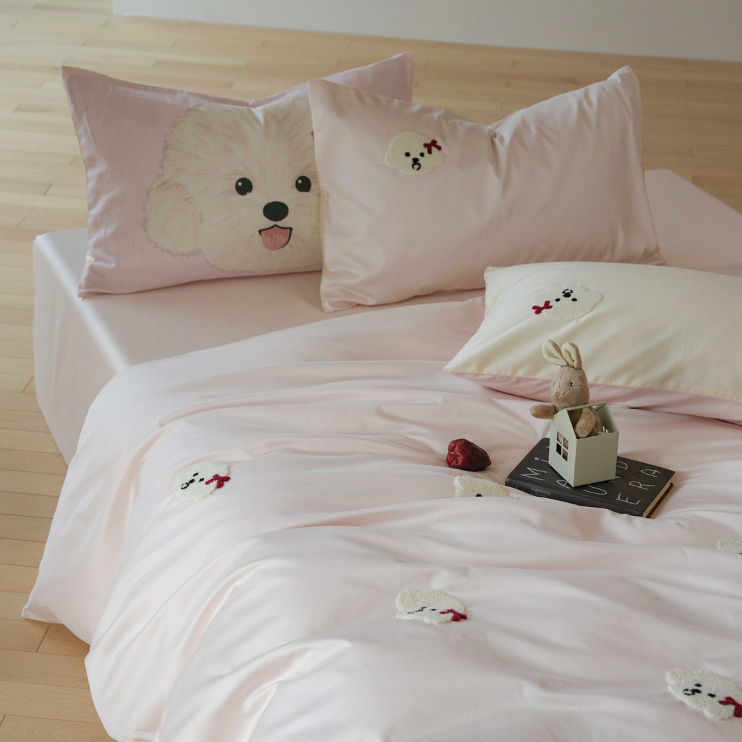 Bestickte Plüschpuppy Baumwollsatin Bettbezug Set