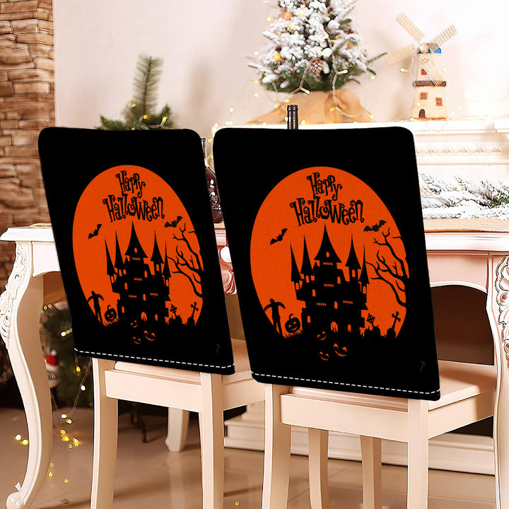 festliche Halloween-Stuhlhussen aus dehnbarem Polyester mit Hexenhut- und Schriftzug-Motiv