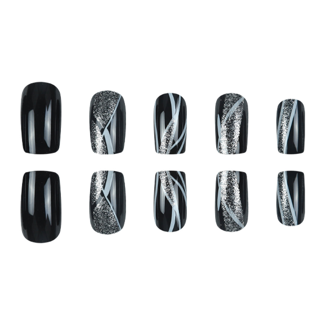 Stylische Press-On-Nagelkunst mit Glitter und geometrischem Design Karnz