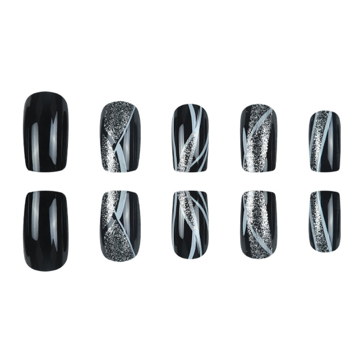 Stylische Press-On-Nagelkunst mit Glitter und geometrischem Design Karnz