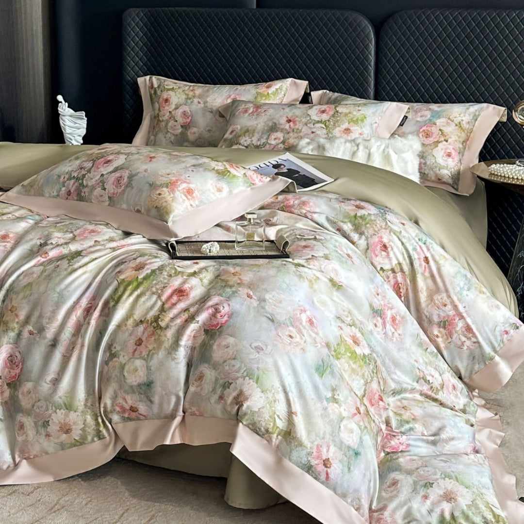 Premium-Baumwoll-Satin-Bettwäschegarnitur mit detailliertem Botanischem Toile-Motiv und Satinbordüre