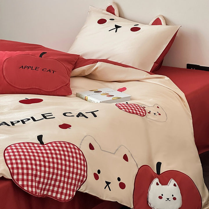 Süßes Apfel-Katze Applikation Baumwolle Bettbezug-Set