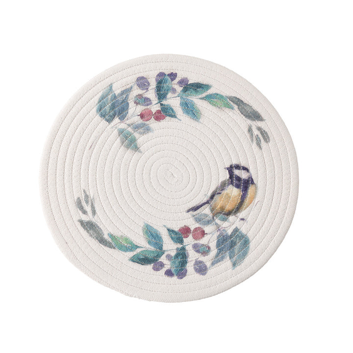 Rundes Tischset aus gewebter Baumwolle mit niedlicher Nashorn-Illustration und floralem Kranz Karnz