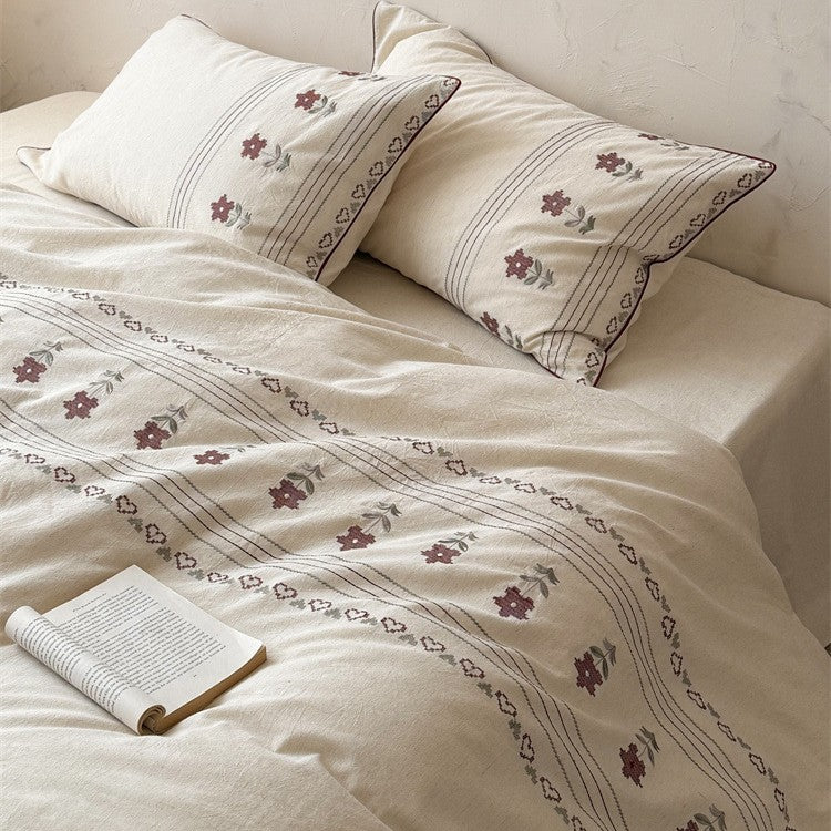 Baumwoll-Leinen Bettwäsche-Garnitur mit besticktem Blumenbordürendekor Karnz