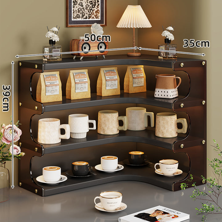 Eck-Dre tiers Holz Theke Anzeige Regal Organizer mit gebogenen Regalen und Messing Akzenten