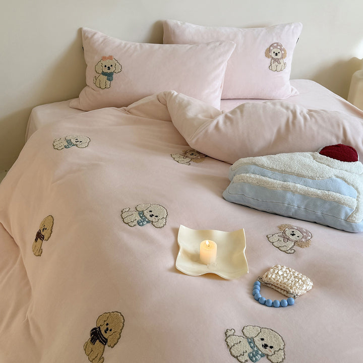 Bestickte Welpen-Motiv Baumwollsatin Bettwäsche Set