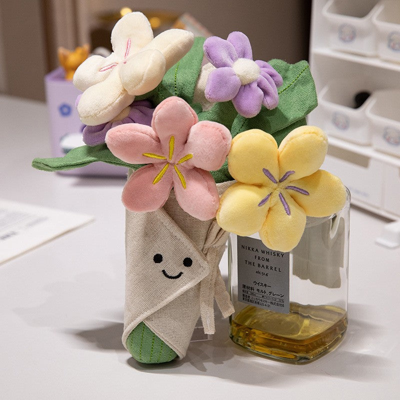 Plüsch Blumenstrauß dekoratives Kuscheltier mit gesticktem Gesicht und abnehmbarem Jutesack Karnz