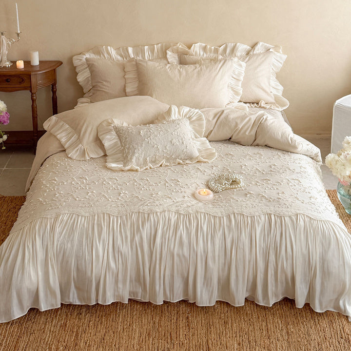 Rüschend Floral Bestickte Leinen Bettwäsche Set