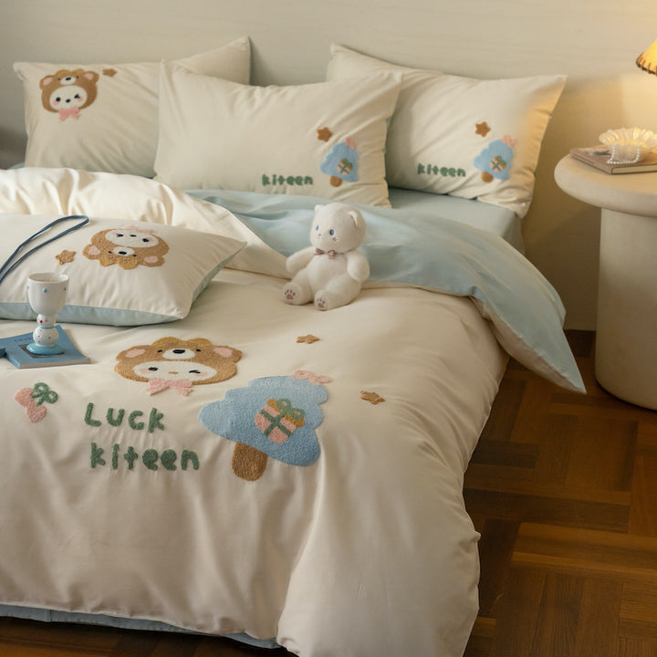 Bestickte Plüsch-Applikation Baumwolle Bettbezug Set mit Wendefutter