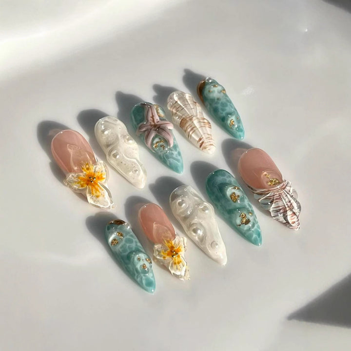 Ozean-inspiriertes 3D dekoratives Press-On-Nagel-Set Karnz