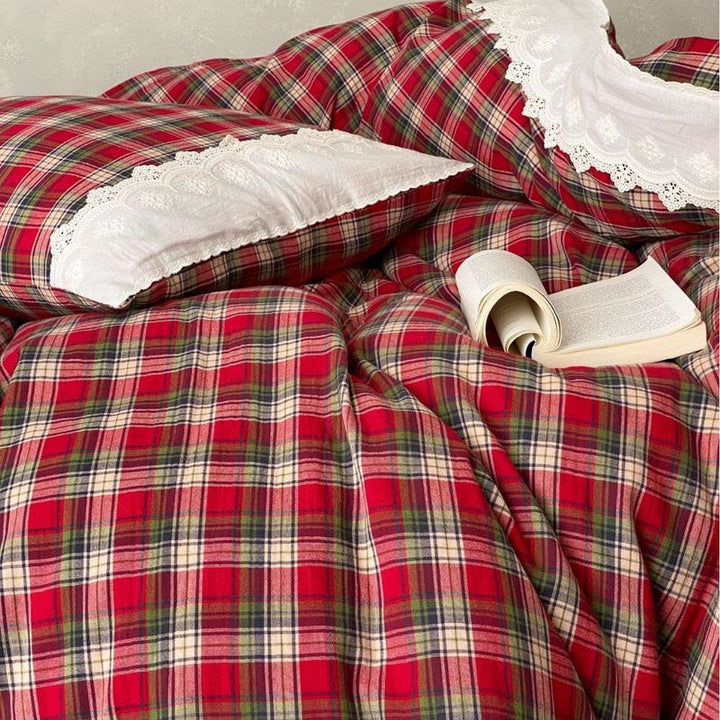 Wendebettwäsche-Garnitur aus Baumwollperkal mit kariertem Vichy-Muster und einfarbiger Rückseite