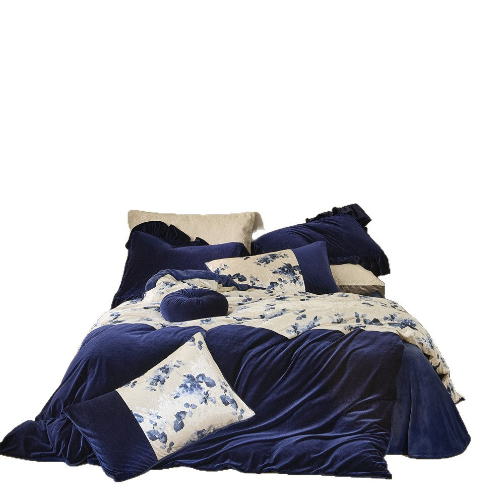 Samt-Bettwäschegarnitur mit Patchwork-Floralmotiv und Wendekissen