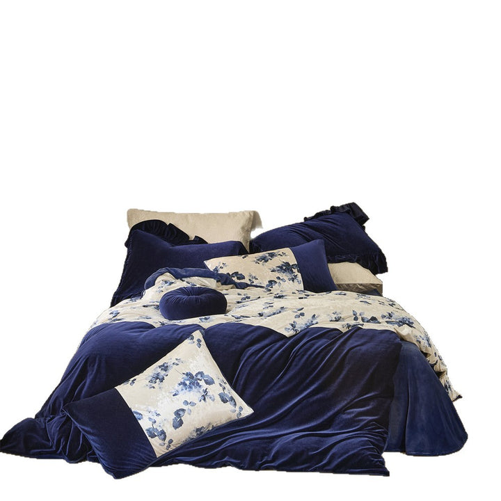 Samt-Bettwäschegarnitur mit Patchwork-Floralmotiv und Wendekissen