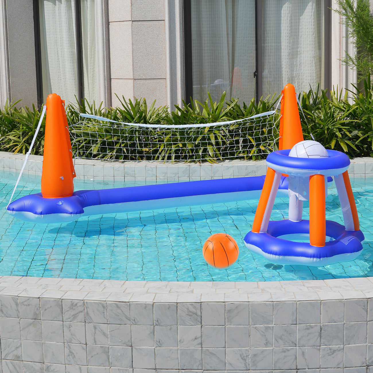 Unisex Aufblasbares Wasser-Spielset mit Volleyball- und Basketballnetz Karnz