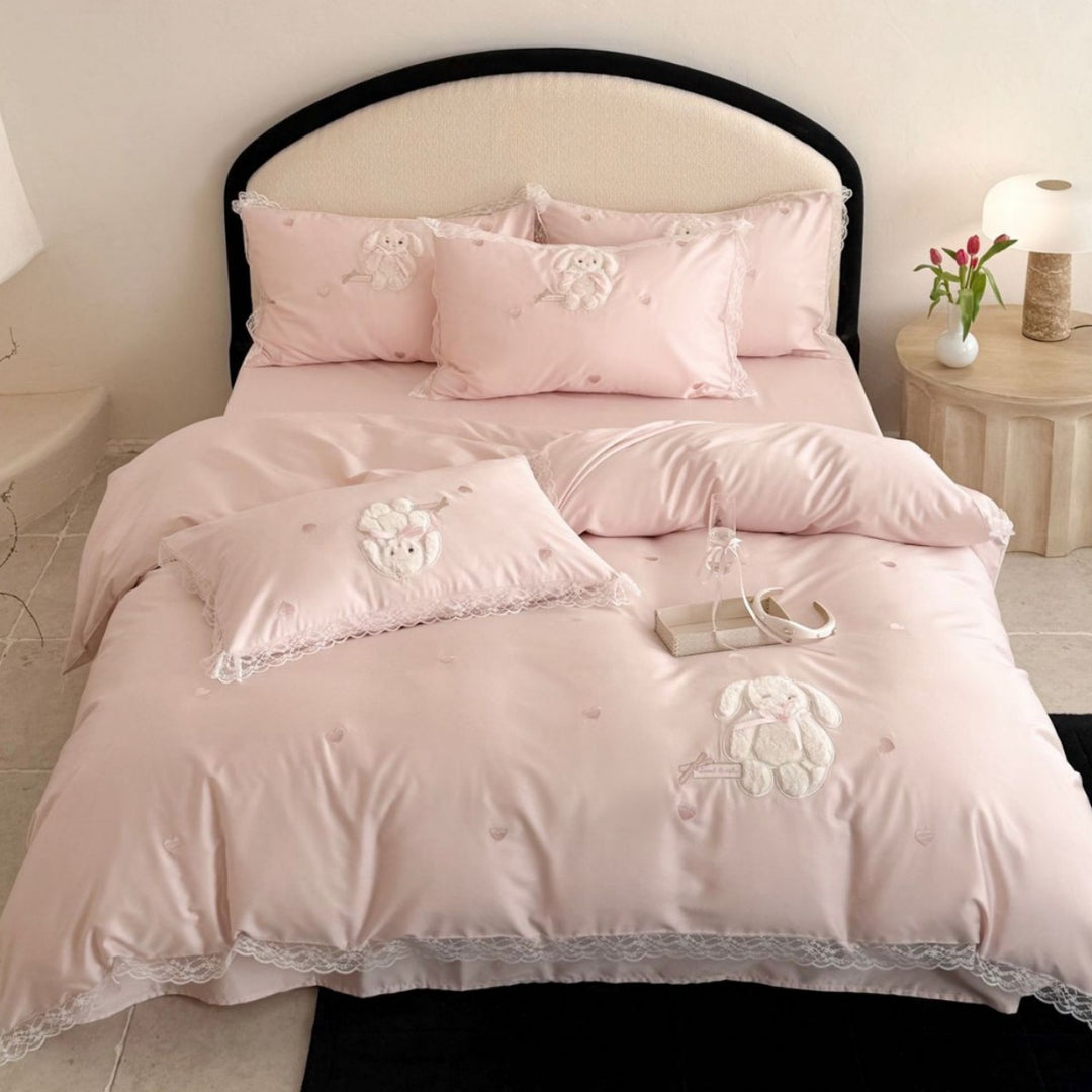 Luxury Embroidered Bunny Lace-Trim Duvet Cover Set