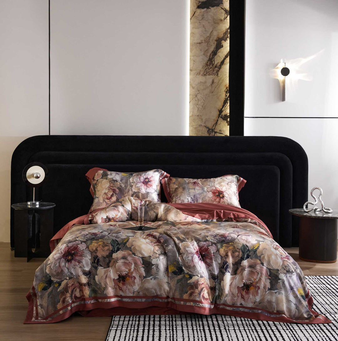 Luxuriöses florales Satin-Bettdeckenbezugset mit Kissenbezügen