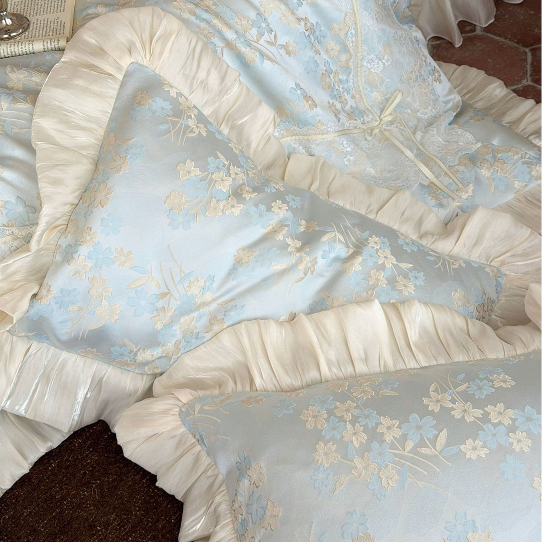 Gerüschtes Jacquard Floral Satin-Besatz Bettwäsche-Set mit Kissenbezug