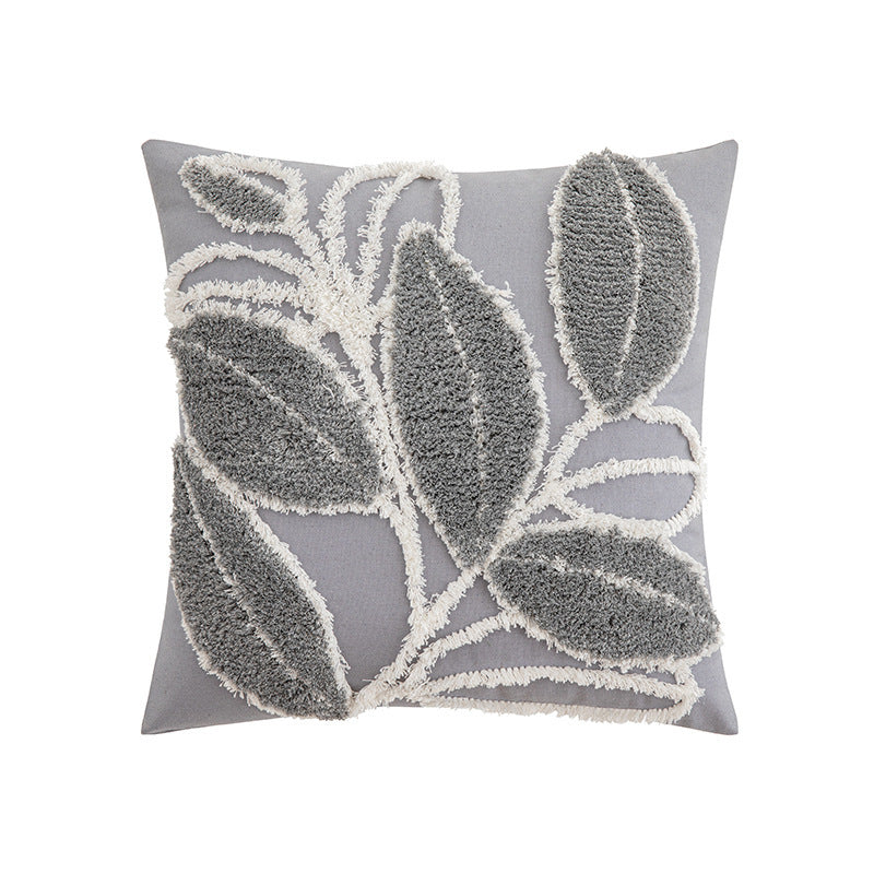 Quadratischer Kissenbezug mit reliefiertem Blatt‑Tufting und Chenille‑Applikation Karnz