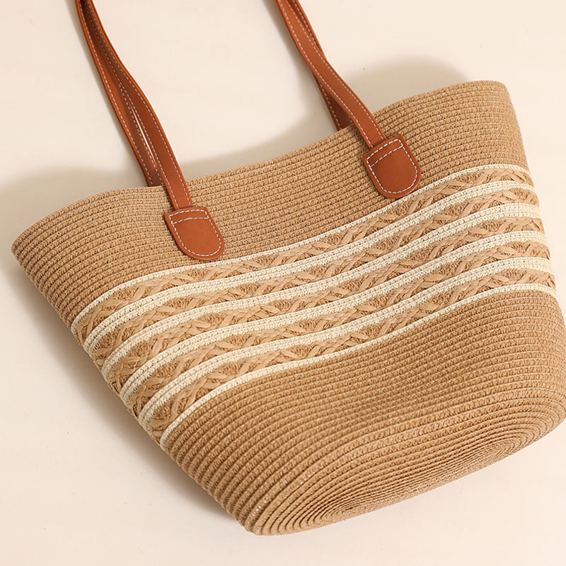 Damen Strandtasche aus hochwertigem geflochtenem Naturmaterial mit stilvollen Lederakzenten Karnz