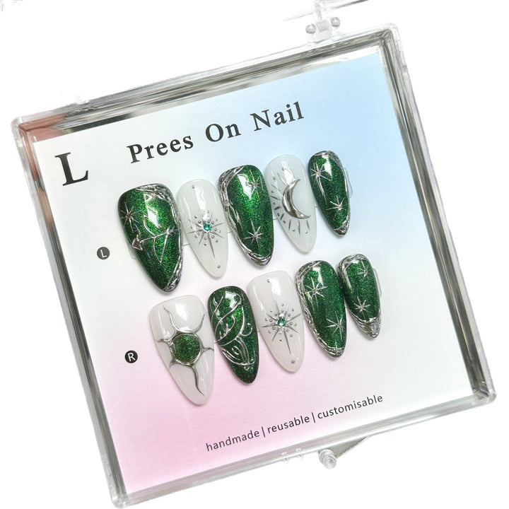 Künstlerisches Press-On Nagelset mit grünem Glitzer und Edelstein-Akzenten