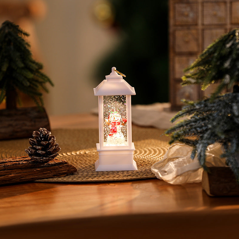 Beleuchtete Weihnachtslaterne mit glitzerndem Schneemann-Szenario Karnz
