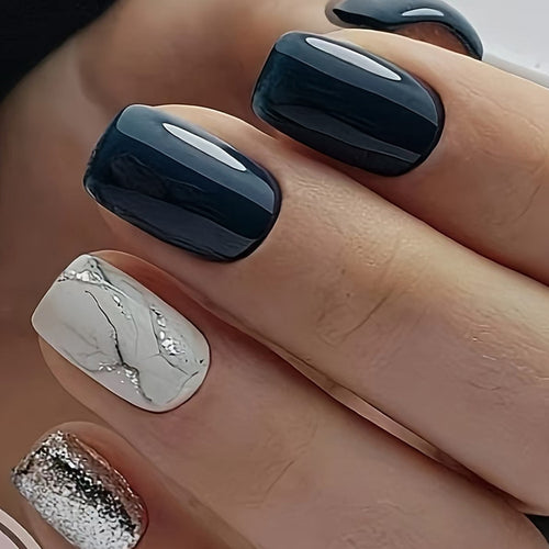 Elegante Marmor- und Glitzer-Press-On Nägel Karnz