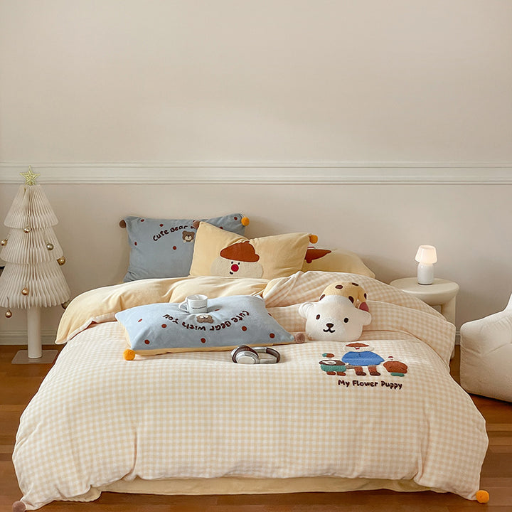 Embroidered Gingham Puppy Duvet Cover Bedding Set with Plush Accent Pillows