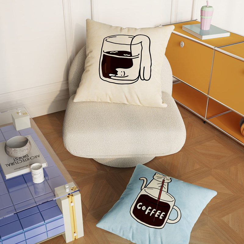 Square Decorative Pillow Cover with Cute Cat Stirring Coffee Illustration Soft Plush Removable Cushion Cover Hidden Zipper