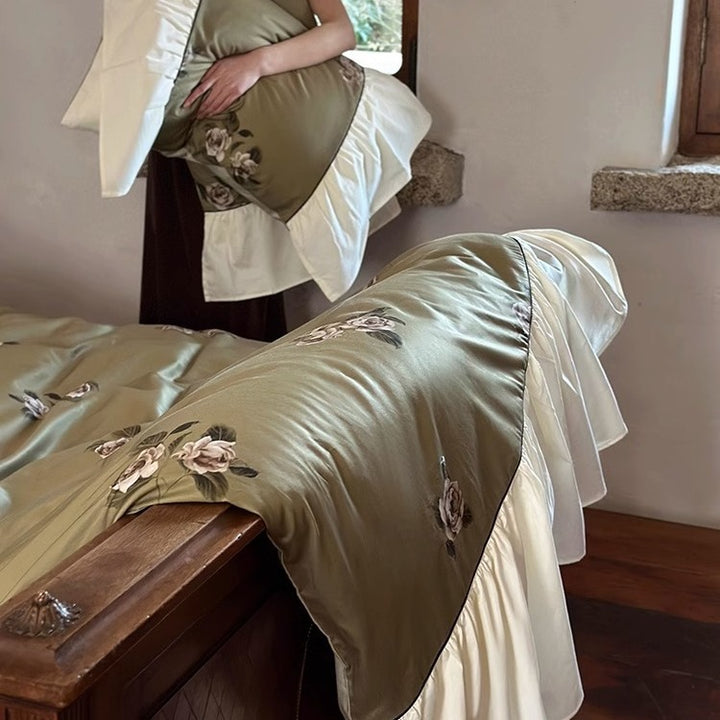 Rüsch Satin-Feel Bestickte Bettbezug-Set mit Dekorativem Rüschensaum