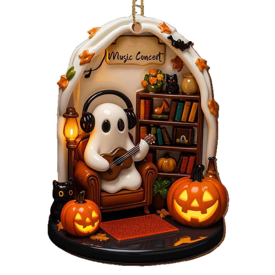 Hängender Halloween-Dekoanhänger aus Resin mit Gespenst beim Stricken und LED-Beleuchtung