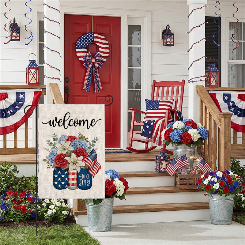 Outdoor Jute Gartenflagge mit patriotischem Fourth of July Einmachglas Blumengrussdesign