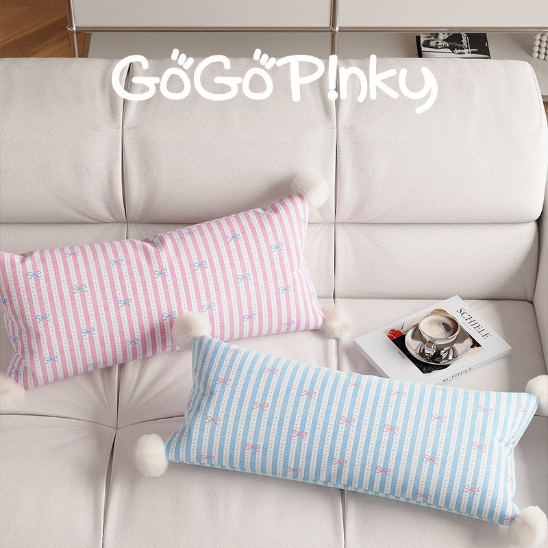 Long Lumbar Decorative Throw Pillow with Pom-Pom Corners and Bow-Striped Cotton-Linen Cover