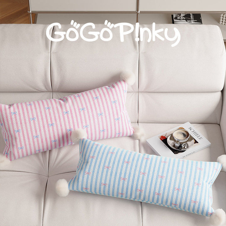 Long Lumbar Decorative Throw Pillow with Pom-Pom Corners and Bow-Striped Cotton-Linen Cover
