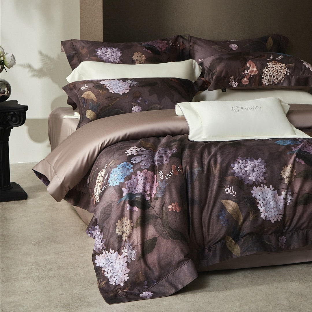 Botanisches Satin-Jacquard Luxus Bettbezug-Set mit satinierter Rückseite & Euro Kopfkissenbezügen