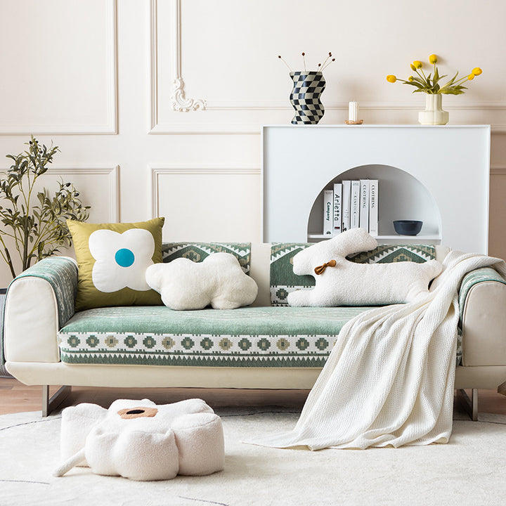 Sofabezug Stretch-Überwurf mit rutschfester Rückenbeschichtung und geometrischem Ethno-Muster