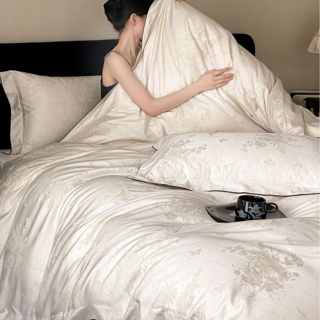 Jacquard-Baumwoll-Percale-Bettbezug-Set mit kontrastfarbener Paspel und Oxford-Kissenbezügen