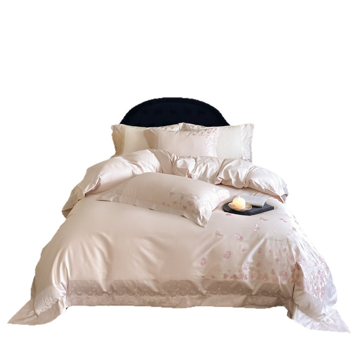 Seidensatin Besticktes Schmetterling & Blüten Bettbezug Set mit gewelltem Spitzenrand