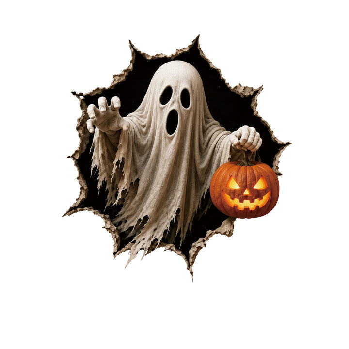 Realistisches 3D Wandtattoo Halloween‑Hexe mit durchbrechender Wand und Süßigkeiten