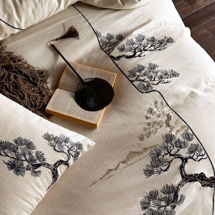 Bestickte Leinenmischung Bettbezug Set mit botanischem Kieferbaum-Motiv