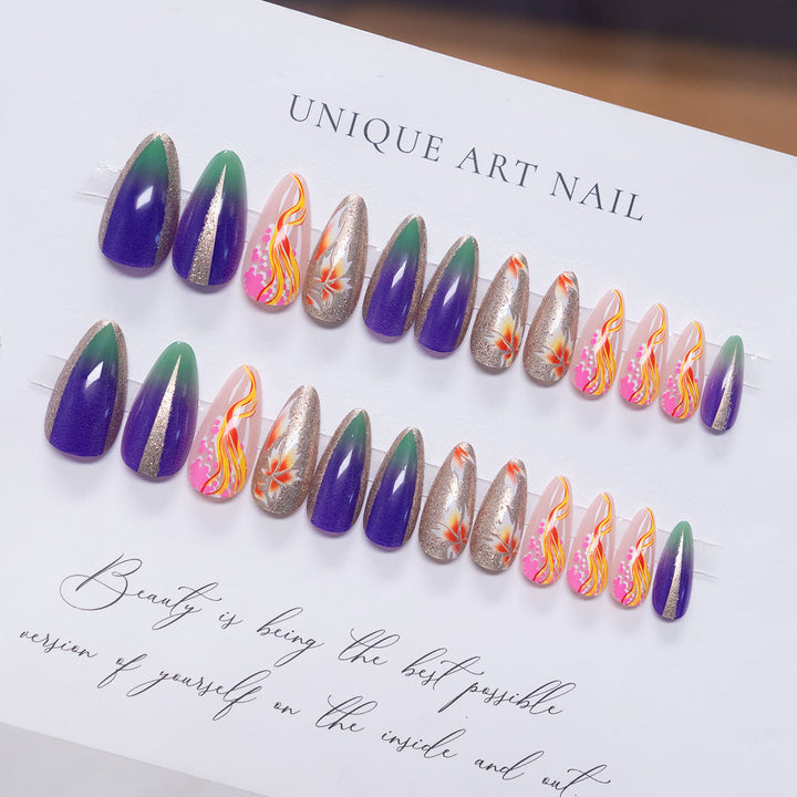 Künstlerische Stiletto Press-On Nagelkunst mit floralen Akzenten