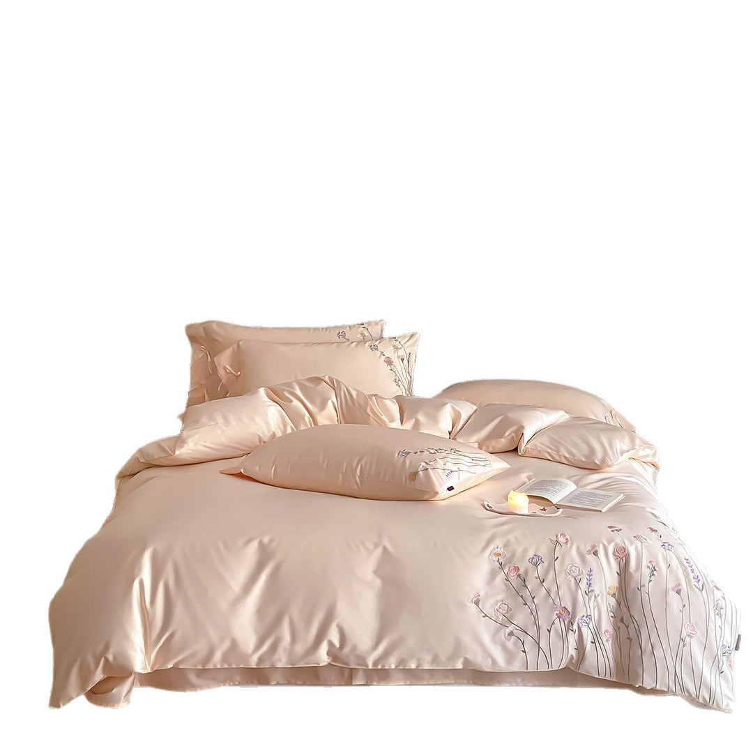 Seidiger bestickter floral Satin Bettbezug Set mit Schleifen-Kissenbezügen