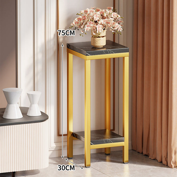 Schmaler hoher Pflanztisch Beistelltisch mit Marmoroberfläche, unterem Regal und goldenem Metallrahmen