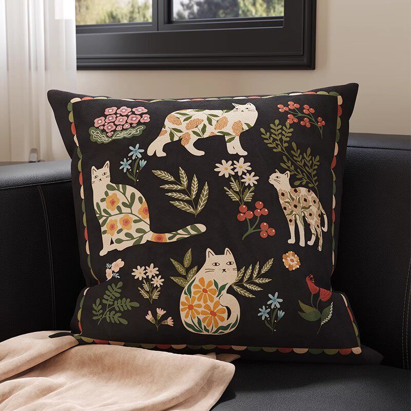 Botanical Sketch Velvet Square Throw Pillow Cover with Zebra-Trim Hidden Zipper