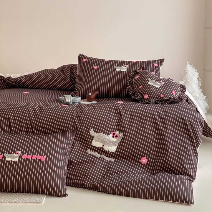 Besticktes Streifen Baumwoll-Satin Bettbezug-Set mit Applikation