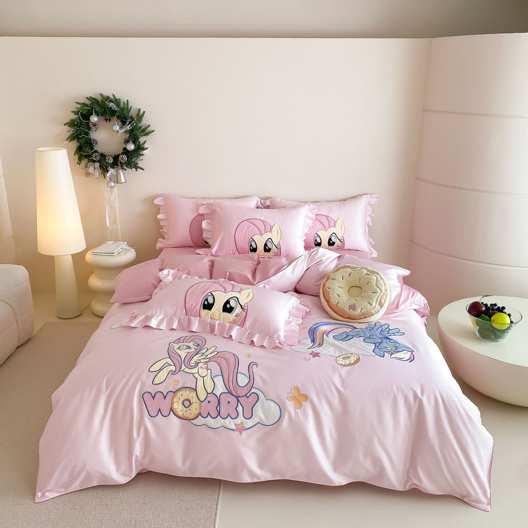Cartoon Pony Rüsch Satin Bettbezugs Set